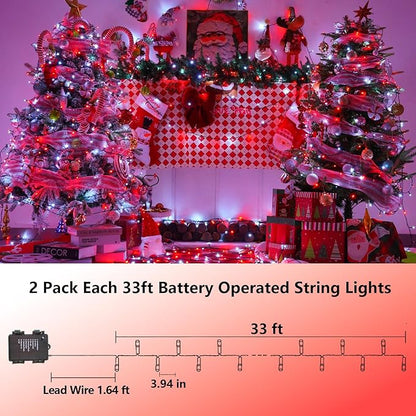 YEGUO Christmas Lights Battery Operated, 2 Pack Each 33ft 100 LED Red and White String Lights Outdoor Waterproof, 8 Modes Green Wire Fairy Light Indoor with Remote