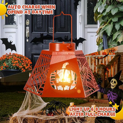 2-Pack 8.6" Halloween Solar-Powered Lanterns with Pumpkin Ghost Face Projection - Outdoor Jack-o'-Lantern Projection Lights, Waterproof Solar Stake Lights for Garden, Yard, Pathway Decor