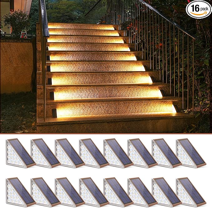 NIORSUN Outdoor Stair Lights 16 Pack, Solar Step Lights IP67 Waterproof with 13 Bright LEDs, 3000K Warm White, Auto On/Off, Triangular Design for Steps, Deck, Patio, Yard, Porch, Sidewalk