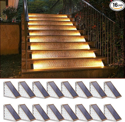 NIORSUN Outdoor Stair Lights 16 Pack, Solar Step Lights IP67 Waterproof with 13 Bright LEDs, 3000K Warm White, Auto On/Off, Triangular Design for Steps, Deck, Patio, Yard, Porch, Sidewalk