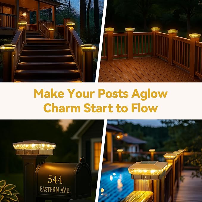 Solar Post Cap Lights, 2-Pack Upgraded Outdoor Deck Fence Post Solar Lights for 4x4 5x5 Wood/Vinyl Posts, IP65 Waterproof, 10-12 Hours Warm/Cool White Glow for Garden/Patio/Porch - Brown