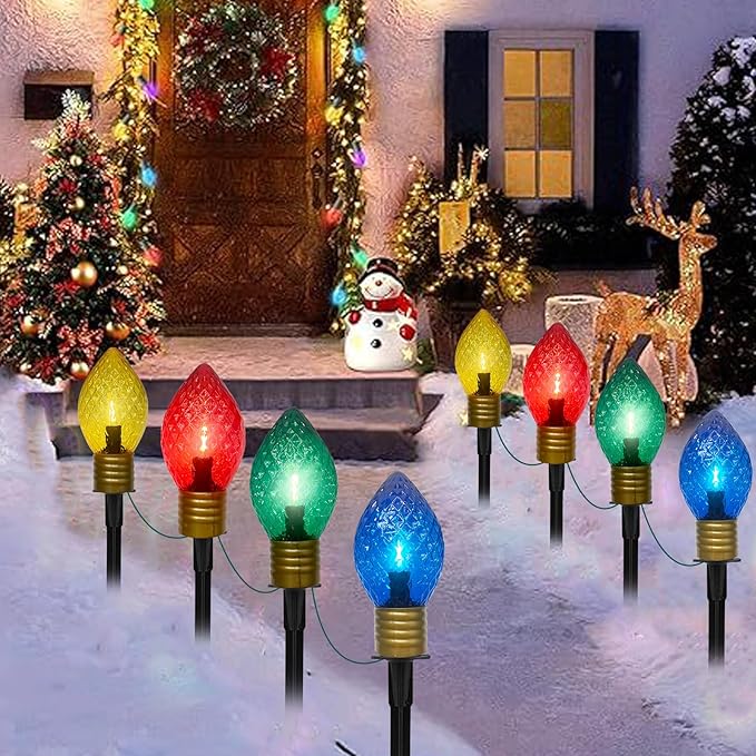 Jumbo C9 Christmas Pathway Lights Outdoor, 2 Pack Total 14Ft 8 LED C9 Giant Multicolor Christmas Walkway Lights, Connectable Outdoor Xmas Decorations Stakes Lights for Lawn Yard Garden Holiday