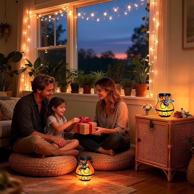 2P Solar Lanterns Outdoor Waterproof, Hanging Metal Hummingbird Flickering Flame Solar Lights Outdoor for Patio Garden Decorative Lights Perfect Gift