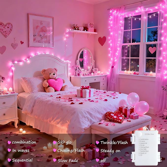 JMEXSUSS 4 Pack 50 LED Pink Battery Operated Lights, Each 16.5ft Pink String Lights Outdoor Waterproof, 8 Modes Valentine’s Lights Indoor with Timer for Bedroom Christmas Valentine’s Day Decor