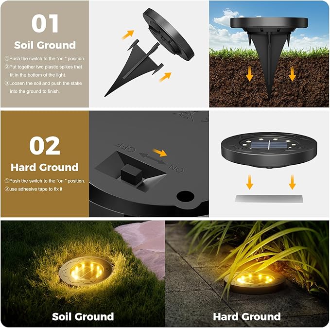 Brightown Solar Lights Outdoor Waterproof, 12 Packs LED In-Ground Lights Outdoor Solar Lights for Yard Patio Garden Lawn Deck Outside Pathway Walkway Sidewalk, Warm White