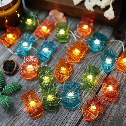 Hawaiian Luau and Summer Party Decorations, 7FT 20PCS Tiki Mask LED String Lights, Waterproof Battery Operated Tropical Fairy Lights for Backyard Porch Patio Pool Garden Bar Festive Lighting