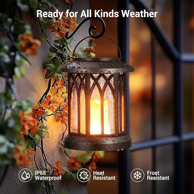 KOOPER 4 Pack Solar Lantern Outdoor Lights, Hanging Solar Lanterns Outdoor Waterproof, Christmas Gifts LED Flickering Flameless Candle Mission Lights for Yard Table Garden (Black)