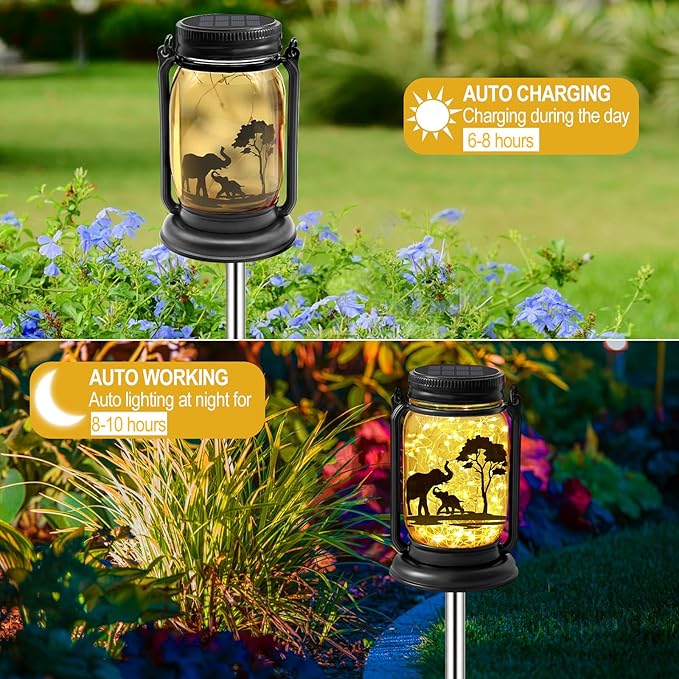 2 Pack Outdoor Hanging Solar Lanterns, Elephants Vintage Glass Mason Jar Fairy Lights, Birthday Mothers Day Gifts for Women Mom Grandma, Waterproof Garden Lights for Patio Yard Lawn Tree