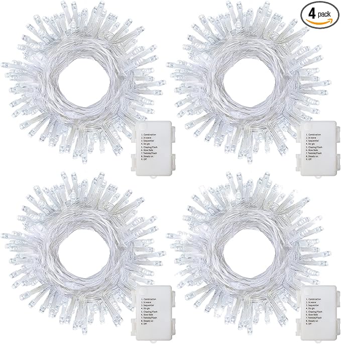 4 Pack Battery Operated Christmas String Lights,16.5Ft 50LED Tree Lights Timer Auto On/off Clear Wire Christmas Lights,8 Modes Fairy Lights Indoor Outdoor Light for Xmas Tree Wreath Garden Patio Deck