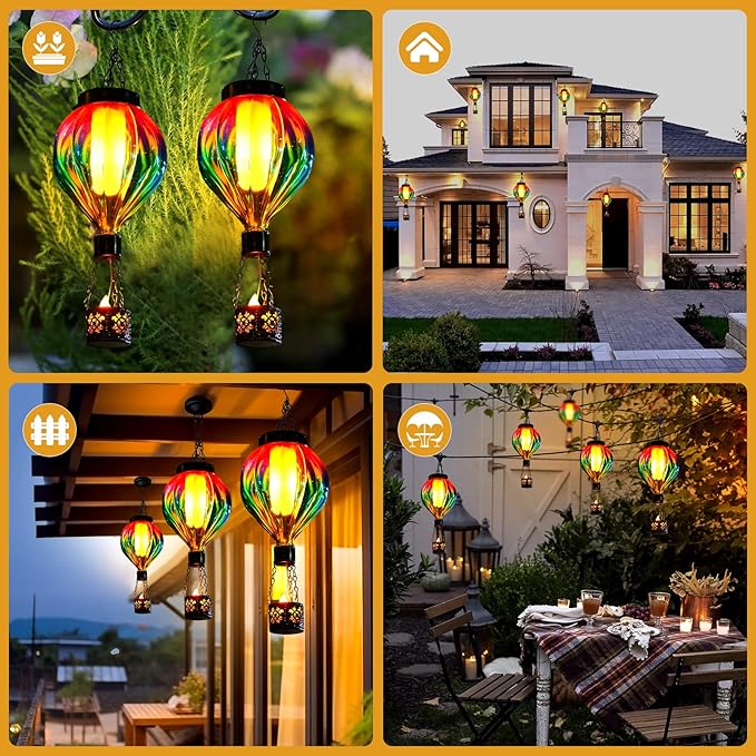 Hot Air Balloon Hanging Solar Lantern Outdoor Waterproof with Flickering Flame Gifts for Women Grandma Mom Glass Hanging Solar Lights Decorative for Outside Wall Front Porch Yard Garden Fence