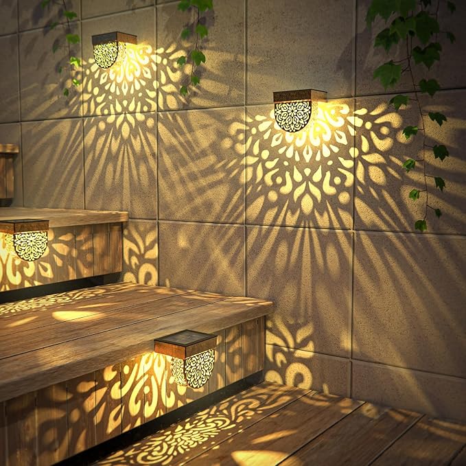 Solar Fence Lights 6 Pack Solar Step Lights Outdoor Waterproof LED Solar Powered Wall Lights Outdoor Decorations Warm Yellow Light Decorative Lighting for, Front Door, Backyard (Gold)