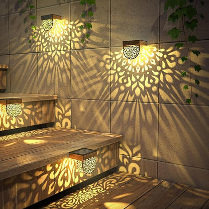 Solar Fence Lights 6 Pack Solar Step Lights Outdoor Waterproof LED Solar Powered Wall Lights Outdoor Decorations Warm Yellow Light Decorative Lighting for, Front Door, Backyard (Gold)