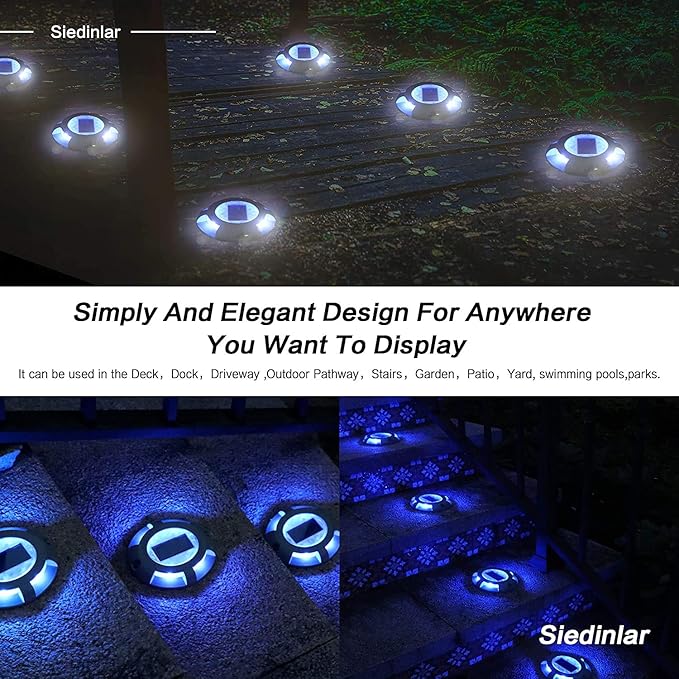 SIEDiNLAR Solar Deck Lights Driveway Dock Light LED Solar Powered Outdoor Waterproof Road Markers for Garden Step Sidewalk Stair Ground Pathway Yard 4 Pack (Blue)