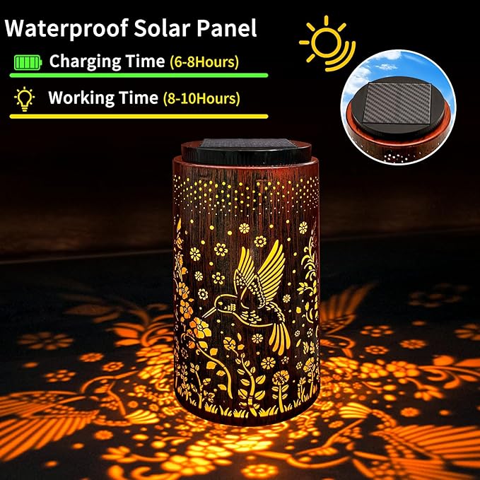 Solar Lanterns Outdoor Waterproof, 2 in 1 Amber & White Modes Upgraded, Bird Garden Decor Gifts for Women Mom Grandma, Metal Hanging Solar Lights Decoration for Yard Patio Porch Pathway, 1 Pack