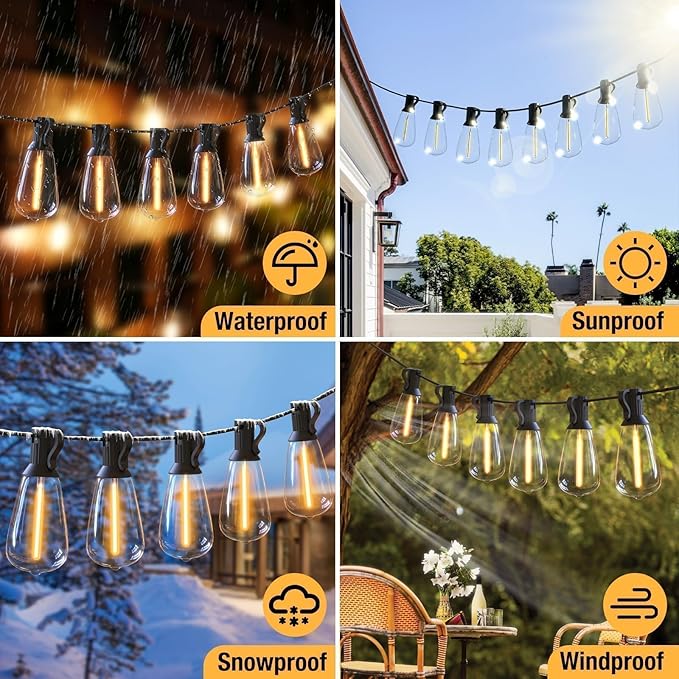 litogo Led Outdoor String Lights, 60Ft Patio Lights Waterproof with Edison Bulbs Shatterproof, Warm White Hanging Outside Lights for Backyard Deck Party Garden Bistro Tent(18+2bulb)