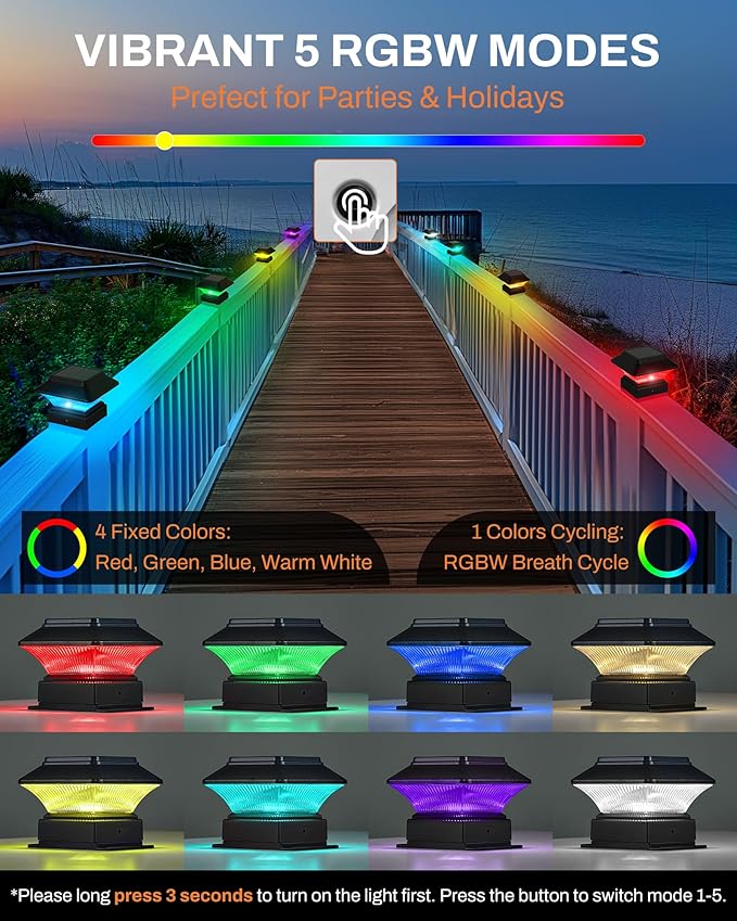 2 Pack RGBW Color-Changing Solar Post Cap Lights – 5 Modes, Fits 4x4 4x6 Posts, 50 Lumen Outdoor Decorative Waterproof Lamp – Decks, Gardens, Fence, Patio, Christmas Ambiance