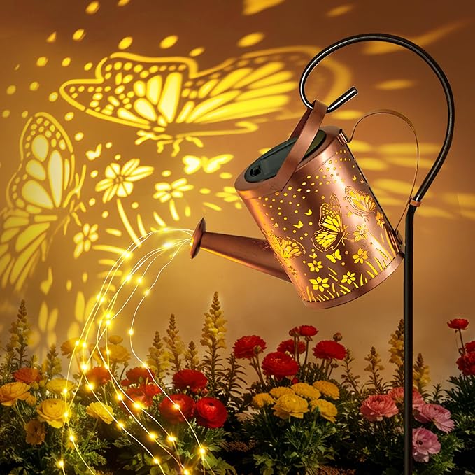 Ollny Solar Watering Can with Cascading Lights Outdoor Garden Decor, Birthday Gifts for Mom Grandma Women, IP65 Waterproof 2 Lighting Modes Hanging Lanterns for Yard Patio Lawn (Butterfly)