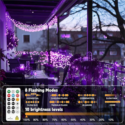 HXWEIYE Rechargeable Fairy Lights with Remote, 2 Pack 33ft 100LED Twinkle Lights with DIY Timer & Light Sensor, Waterproof Outdoor String Lights for Bedroom Patio Christmas Tree Decor, Purple
