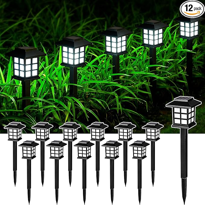 12-Pack Cold White Solar Path Lights, Outdoor Garden LED