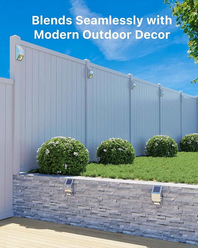 4 Pack Solar Stainless Steel Fence Lights Outdoor Waterproof Motion Sensor Wall Sconce for Backyard Post, Deck, Porch, Stair Rail, Dock, Gate, Walkway, Steps, Patio, Garden, Ambiance Warm Lighting