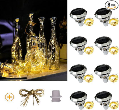 Upgraded Solar Diamond Shaped Wine Bottle Lights, 8 Pack 20 LED Fairy Lights with Solar Cork Lights Outdoor Waterproof for Wedding Party Decor Women Gift