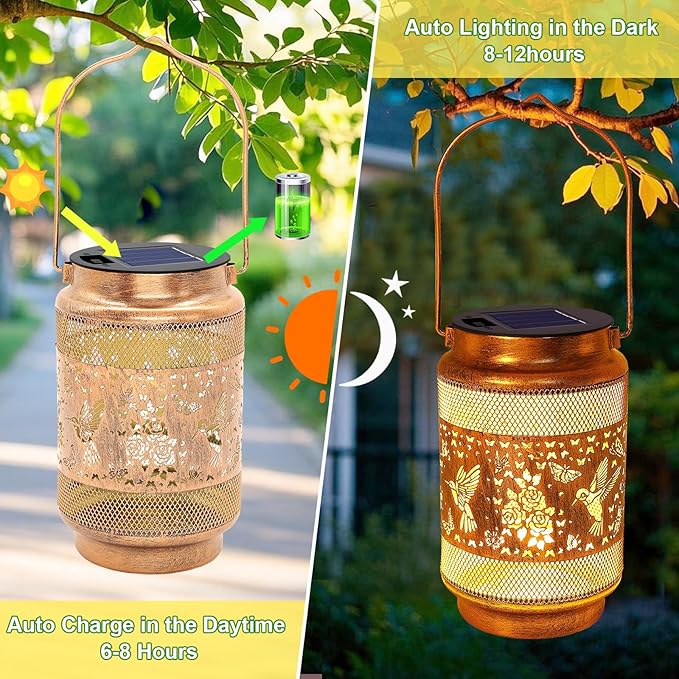 2 Pack Hummingbird Solar Lanterns Outdoor Waterproof Solar Garden Decor, Birthday Gifts for Women Mom Grandma, Metal Hanging Lights with Shepherd Hook for Yard Patio Pathway Backyard Porch