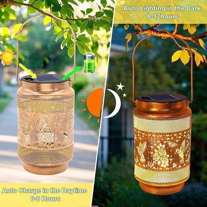 2 Pack Hummingbird Solar Lanterns Outdoor Waterproof Solar Garden Decor, Birthday Gifts for Women Mom Grandma, Metal Hanging Lights with Shepherd Hook for Yard Patio Pathway Backyard Porch