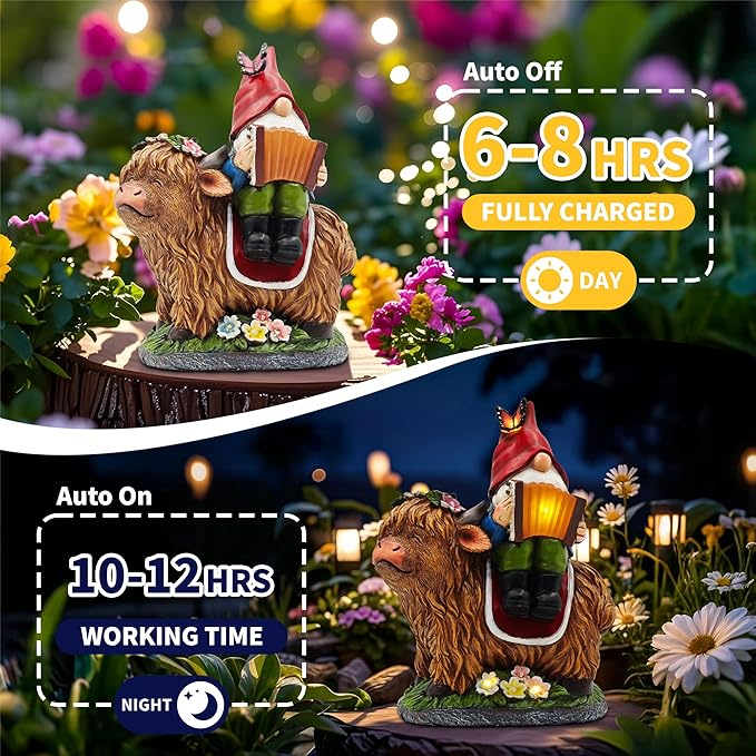 Christmas Garden Gnomes Outdoor Statues: 8'' Solar Light Gnome Decor on Highland Cow Play The Accordion Unique Birthday Gifts for Women Mother Grandma
