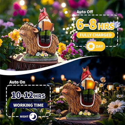 Christmas Garden Gnomes Outdoor Statues: 8'' Solar Light Gnome Decor on Highland Cow Play The Accordion Unique Birthday Gifts for Women Mother Grandma