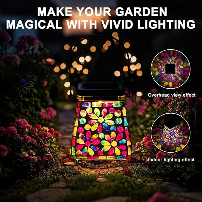 VOREEN Mosaic Glass Solar Lantern & Table Lamp, 600mAh Solar Powered Outdoor Light, Dual Modes Warm White & RGB, Waterproof IP44 Garden Patio Yard Decor, Handmade Gift for Women Mom Friends