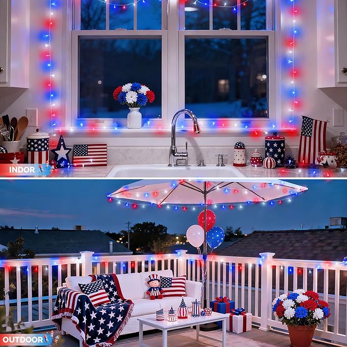 JMEXSUSS 4 Pack 50 LED Red White and Blue String Lights Battery Operated, Each 16.5ft 4th of July Lights Outdoor Waterproof, 8 Modes Patriotic Light with Timer for Independence Day Memorial Day