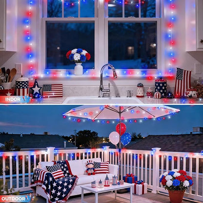 JMEXSUSS 4 Pack 50 LED Red White and Blue String Lights Battery Operated, Each 16.5ft 4th of July Lights Outdoor Waterproof, 8 Modes Patriotic Light with Timer for Independence Day Memorial Day