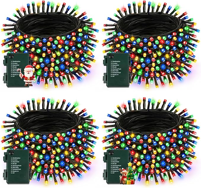 4 Pack Battery Operated Christmas Lights with Timer, 132FT 400 LED Waterproof Battery Twinkle Light, 8 Modes Green Wire Fairy Light for Indoor & Outdoor Bedroom Tree Christmas Decorations (Multicolor)