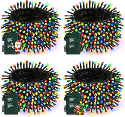 4 Pack Battery Operated Christmas Lights with Timer, 132FT 400 LED Waterproof Battery Twinkle Light, 8 Modes Green Wire Fairy Light for Indoor & Outdoor Bedroom Tree Christmas Decorations (Multicolor)