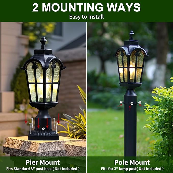 Outdoor Post Lights Fixture Anti-Rust Lamp Post Light Fixture Waterproof Exterior Pole Light Outside Pole Lighting for Yard Pathway Driveway Fence - 2 Pack