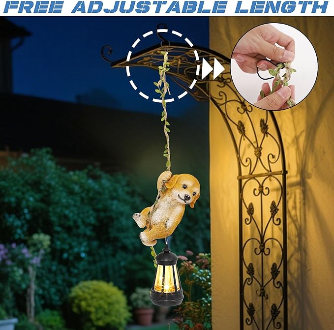 Solar Hanging Dog Statue, Outdoor Resin Golden Retriever Dog Figurine with LED Lights, Puppy Animal Ornament for Garden, Fence, Porch, Patio, Yard Decor, Dusk to Dawn Auto On/Off