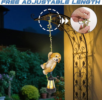 Solar Hanging Dog Statue, Outdoor Resin Golden Retriever Dog Figurine with LED Lights, Puppy Animal Ornament for Garden, Fence, Porch, Patio, Yard Decor, Dusk to Dawn Auto On/Off