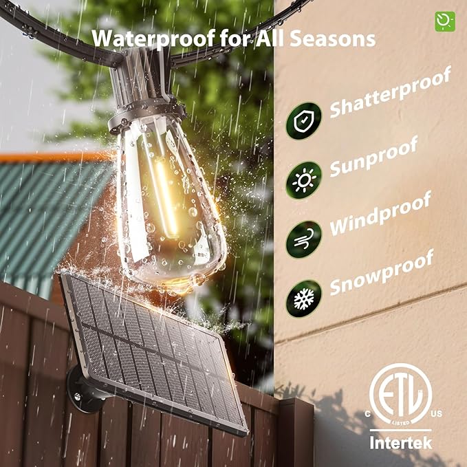 KYY 54FT Solar String Lights Outdoor Waterproof with USB Charging & Remote, Dimmable & Timable, Solar Powered Patio Lights with LED Shatterproof Bulbs for Deck Backyard Porch Garden Camping