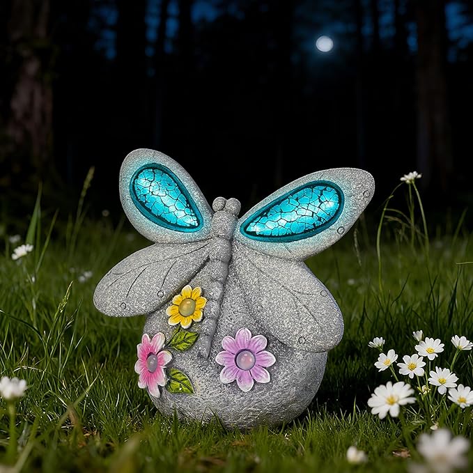Solar Dragonfly Garden Decor with Cracked Glass Wings, Outdoor Resin Dragonfly Statue with Solar Light for Patio, Balcony, Yard, Lawn, Ornament Gift for Housewarming, Christmas, Thanksgiving Day