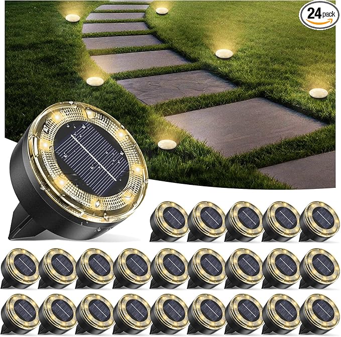 24-Pack Solar Ground Disk Lights, Warm White Waterproof LED