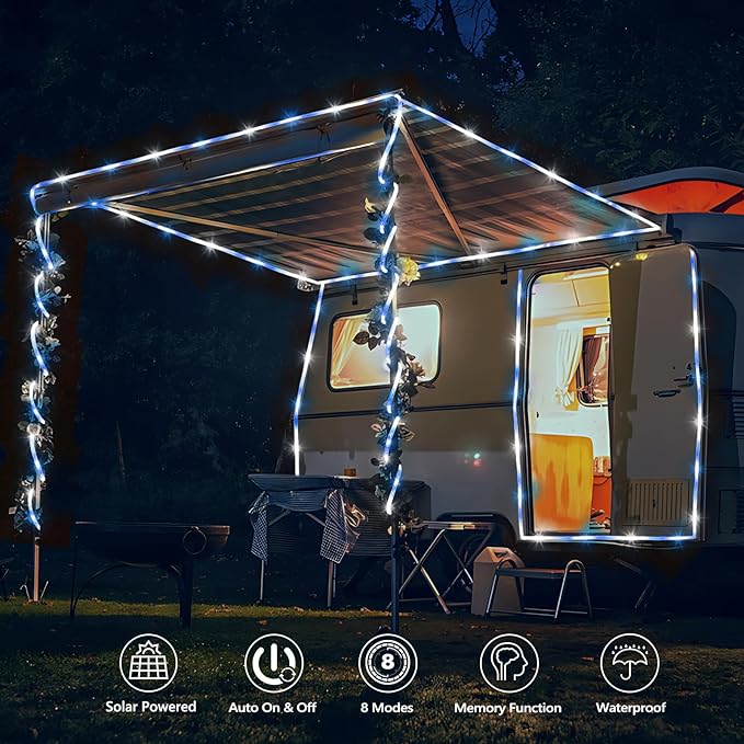 Solar Rope Lights, 33ft 100LED Solar String Lights, 8 Modes Waterproof Solar Powered Outdoor Light, Flexible Clear Tube Light for Garden Backyard Patio Deck Porch Pool Tree Christmas Decor -White&Blue