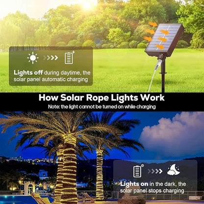 ICRGB Solar Rope Lights Outdoor, 66FT 200LED Christmas Fairy Light with Remote, IP67 Waterproof Solar String Lights, Timing & 8 Modes, Outdoor Light for Garden Patio Porch Pool, Warm White