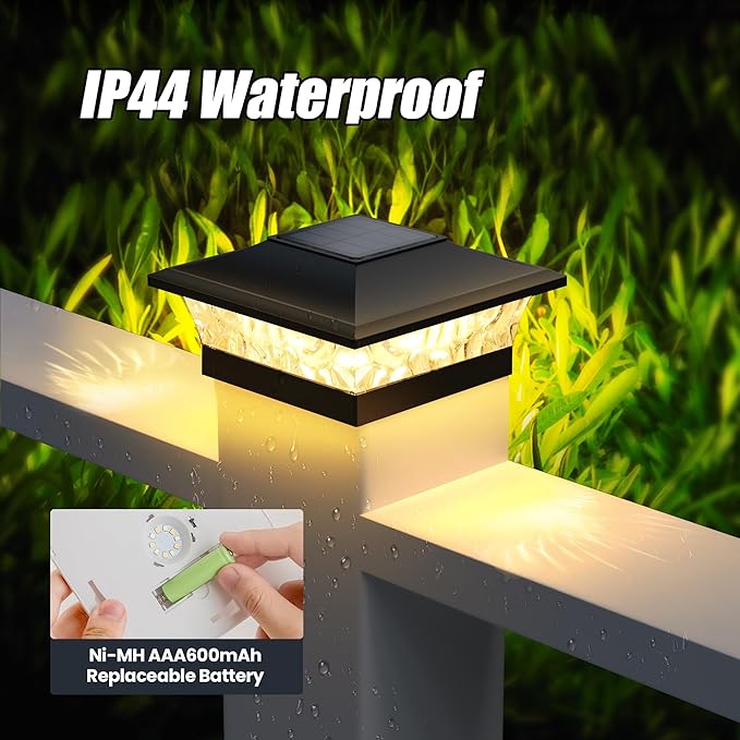 APONUO Solar Post Cap Lights 6 Pack for 4x4 5x5 6x6 Wood & Vinyl Fences - IP65 Waterproof, All-Night Auto On/Off, Warm/Cool White Light, Outdoor Deck Patio Garden (Black)