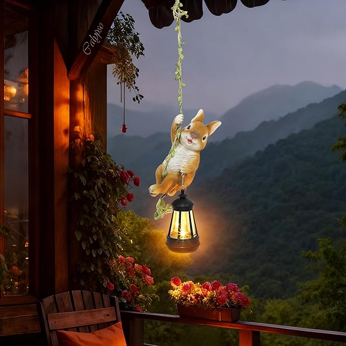 Easter Yard Décor, Solar Hanging Bunny Rabbit Statue, Outdoor Resin Animal Figurine with LED Lights for Garden, Fence, Porch, Patio, Yard Decor, Dusk to Dawn Auto On/Off