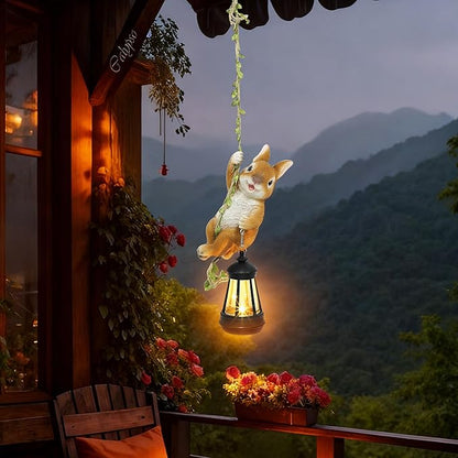 Easter Yard Décor, Solar Hanging Bunny Rabbit Statue, Outdoor Resin Animal Figurine with LED Lights for Garden, Fence, Porch, Patio, Yard Decor, Dusk to Dawn Auto On/Off