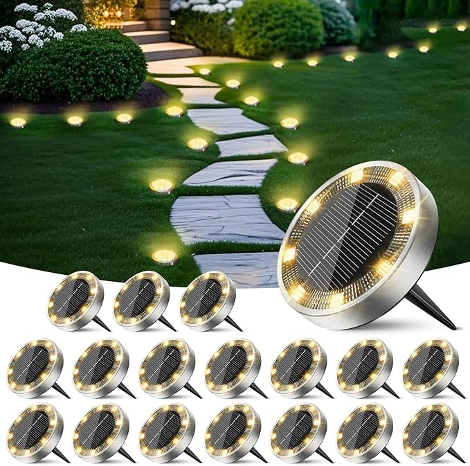 Peasur Solar Ground Lights Outdoor, 18 Pack Flat Solar Powered Disc Lights, IP68 Waterproof, Anti-Rust, Landscape Lighting for Pathway Garden Yard Lawn Walkway Landscape Driveway, Mini, Warm White