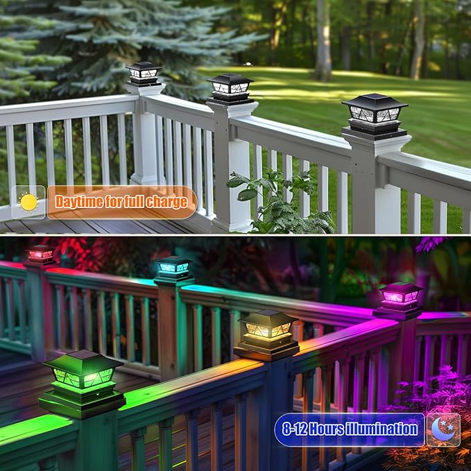 Viewsun Solar Post Lights Outdoor Waterproof RGB Color Changing Modes Fence Post Cap Lights, Deck Post Lights Solar Powered for 4x4 5x5 6x6 Wooden or Vinyl Yard Garden Patio Decor, Black(8 Pack)