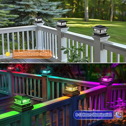 Viewsun Solar Post Lights Outdoor Waterproof RGB Color Changing Modes Fence Post Cap Lights, Deck Post Lights Solar Powered for 4x4 5x5 6x6 Wooden or Vinyl Yard Garden Patio Decor, Black(8 Pack)