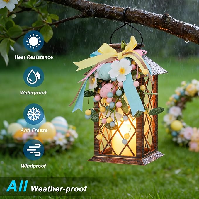 Easter Solar Lanterns Outdoor Waterproof, Hanging Spring and Easter Lantern with Flickering LED Candle, 13'' Bronze Outside Solar Powered Decorative Lantern for Patio Porch Garden Yard Pathway, 1 Pack