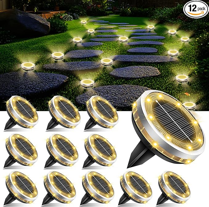 12-Pack Warm White Flat Solar Landscape Lights, Waterproof LED